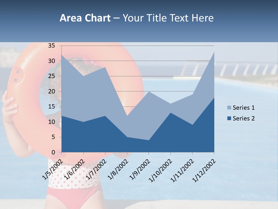 A Little Girl Holding An Orange Life Preserver In Front Of A Swimming Pool PowerPoint Template