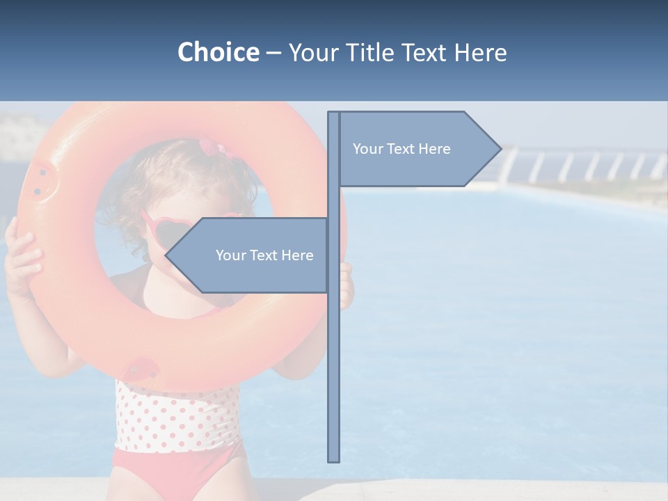 A Little Girl Holding An Orange Life Preserver In Front Of A Swimming Pool PowerPoint Template