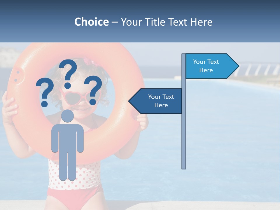 A Little Girl Holding An Orange Life Preserver In Front Of A Swimming Pool PowerPoint Template