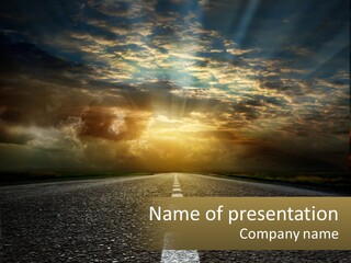 An Empty Road With The Sun Shining Through The Clouds PowerPoint Template