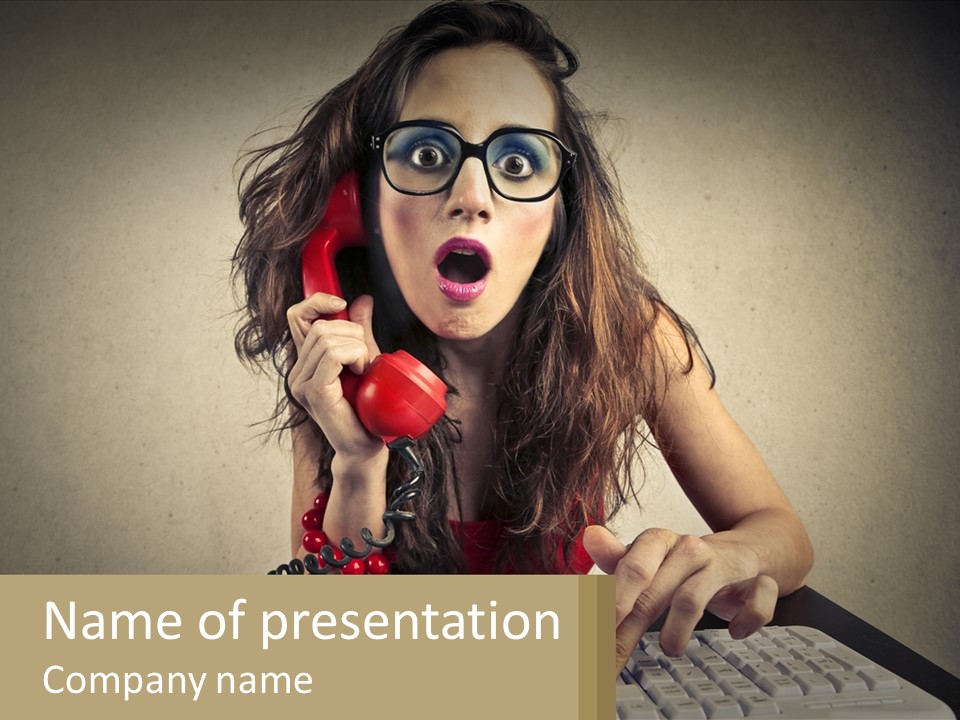 A Woman Holding A Red Telephone Up To Her Face PowerPoint Template