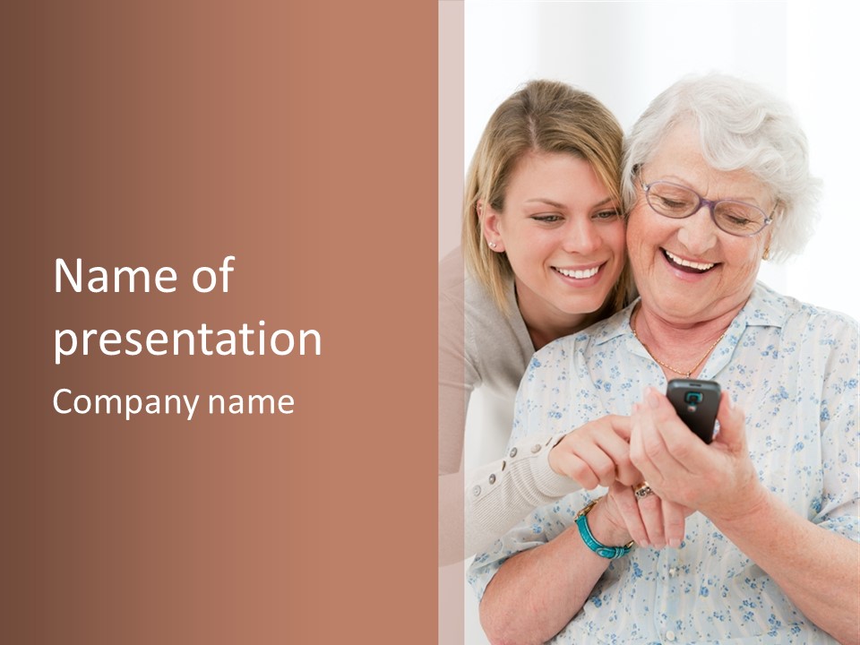 An Elderly Woman And A Young Woman Looking At A Cell Phone PowerPoint Template