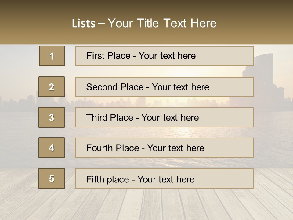 A Wooden Deck Overlooking A Body Of Water With A City In The Background PowerPoint Template