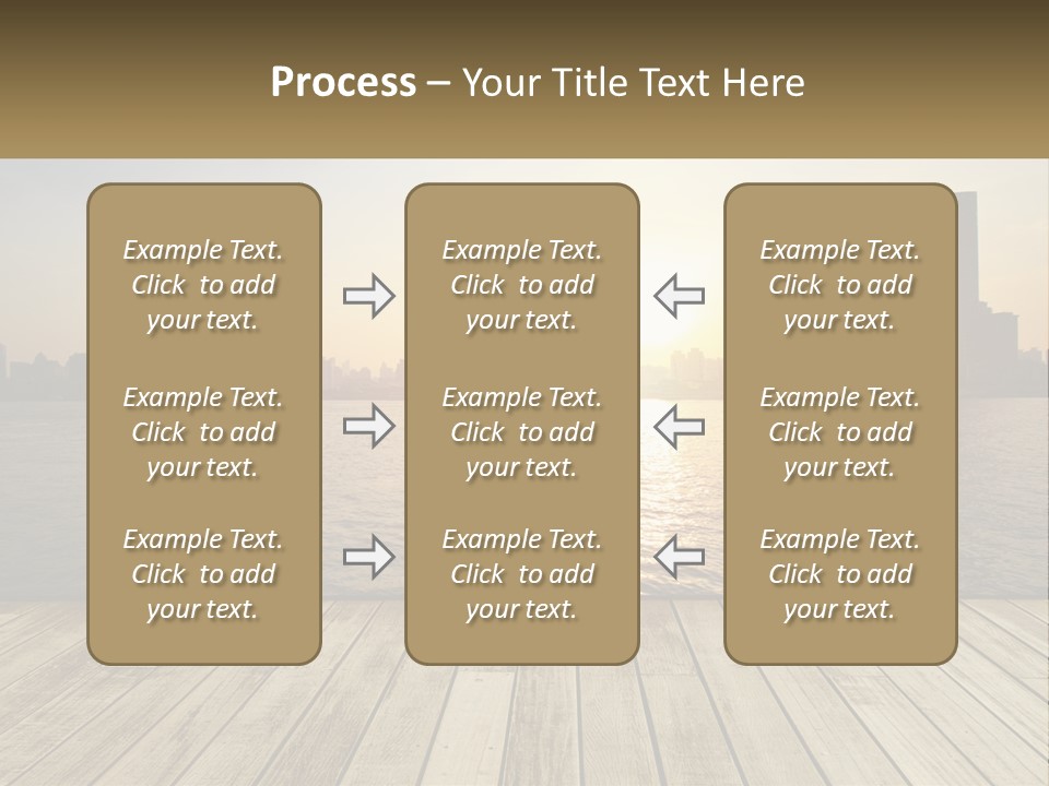 A Wooden Deck Overlooking A Body Of Water With A City In The Background PowerPoint Template