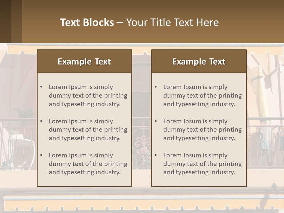 A Balcony With Chairs And A Yellow Awning PowerPoint Template