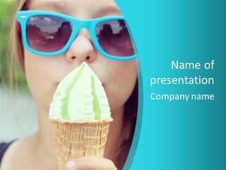 A Woman In Sunglasses Eating An Ice Cream Cone PowerPoint Template
