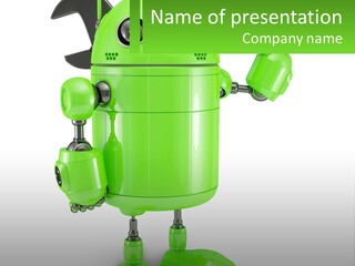 A Green Robot Is Holding A Wrench PowerPoint Template