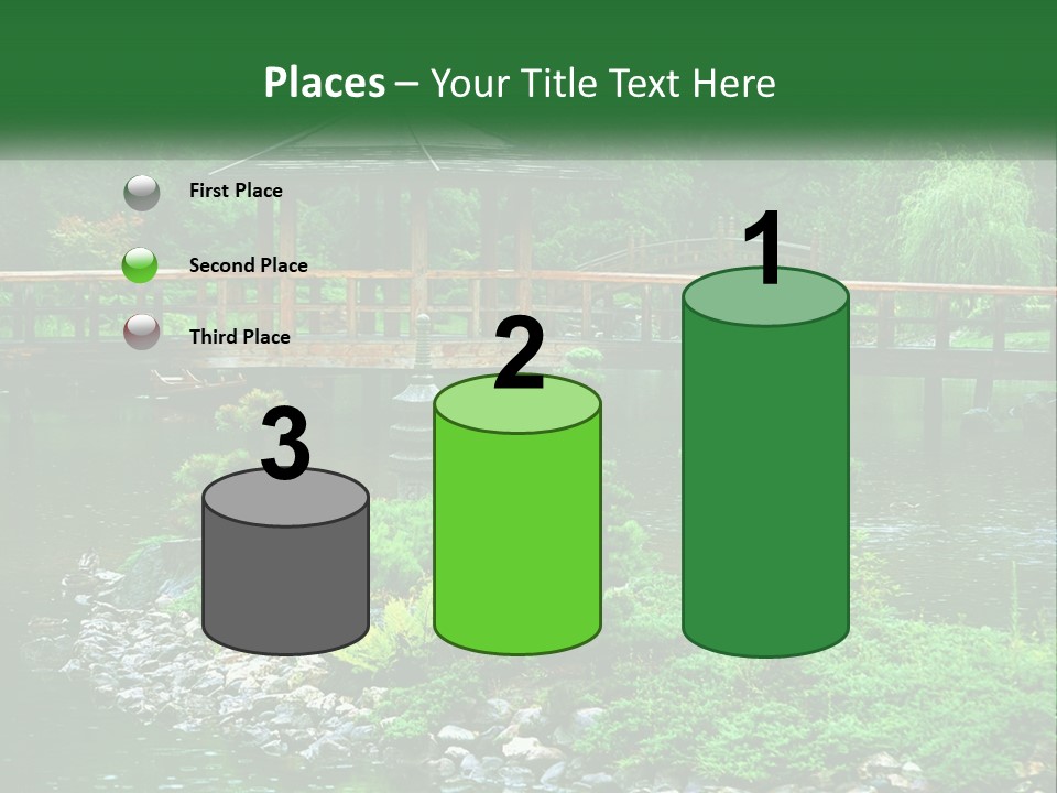 A Wooden Bridge Over A Pond With Rocks And Trees In The Background PowerPoint Template