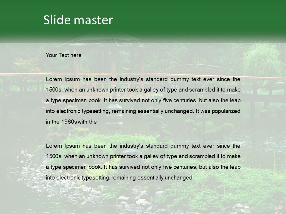 A Wooden Bridge Over A Pond With Rocks And Trees In The Background PowerPoint Template