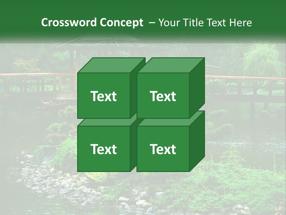 A Wooden Bridge Over A Pond With Rocks And Trees In The Background PowerPoint Template