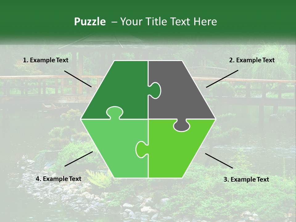 A Wooden Bridge Over A Pond With Rocks And Trees In The Background PowerPoint Template