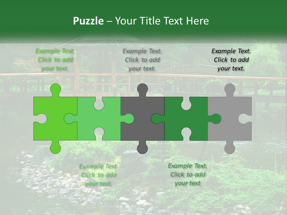 A Wooden Bridge Over A Pond With Rocks And Trees In The Background PowerPoint Template