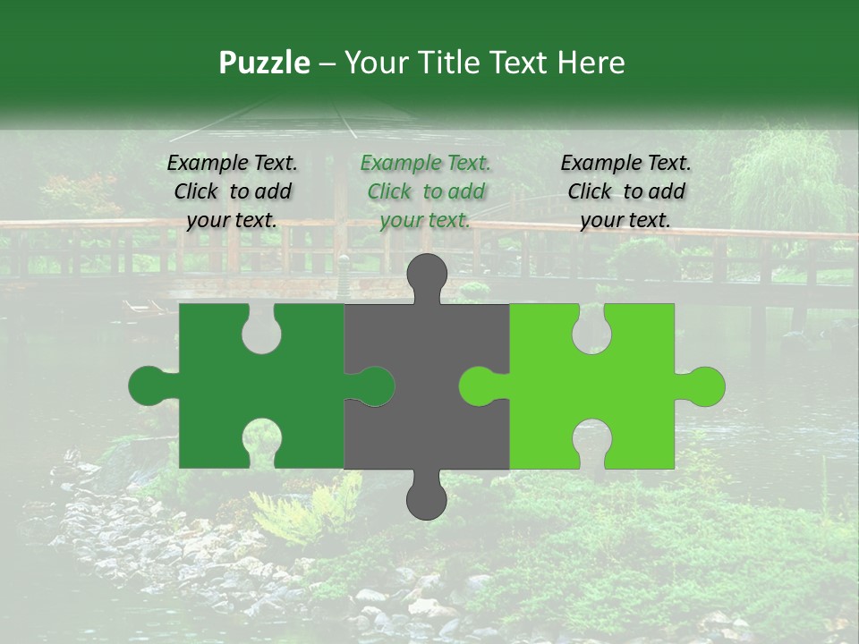 A Wooden Bridge Over A Pond With Rocks And Trees In The Background PowerPoint Template