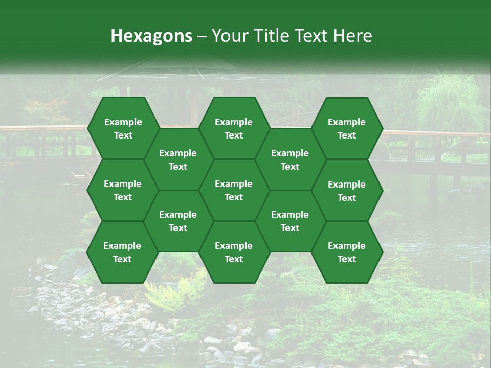 A Wooden Bridge Over A Pond With Rocks And Trees In The Background PowerPoint Template