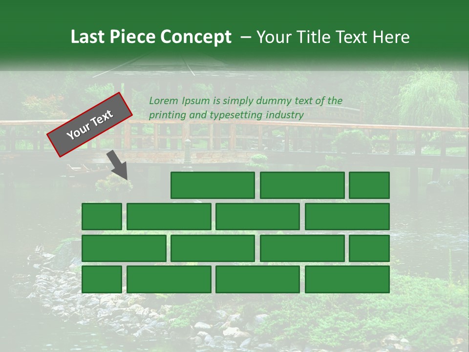 A Wooden Bridge Over A Pond With Rocks And Trees In The Background PowerPoint Template