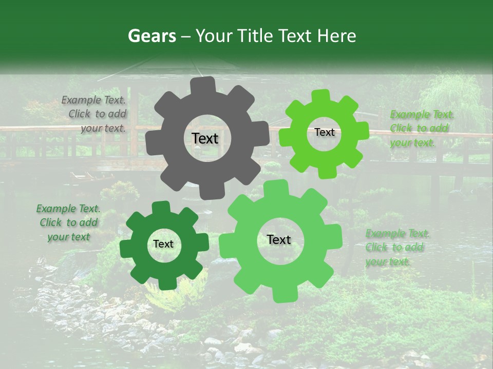 A Wooden Bridge Over A Pond With Rocks And Trees In The Background PowerPoint Template