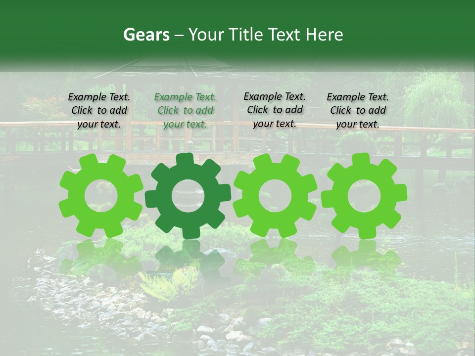 A Wooden Bridge Over A Pond With Rocks And Trees In The Background PowerPoint Template