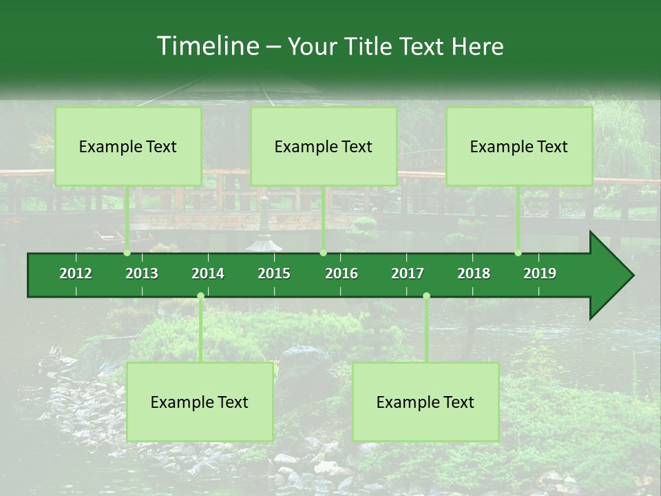 A Wooden Bridge Over A Pond With Rocks And Trees In The Background PowerPoint Template