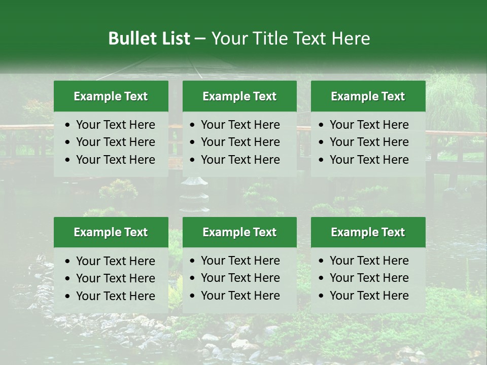 A Wooden Bridge Over A Pond With Rocks And Trees In The Background PowerPoint Template