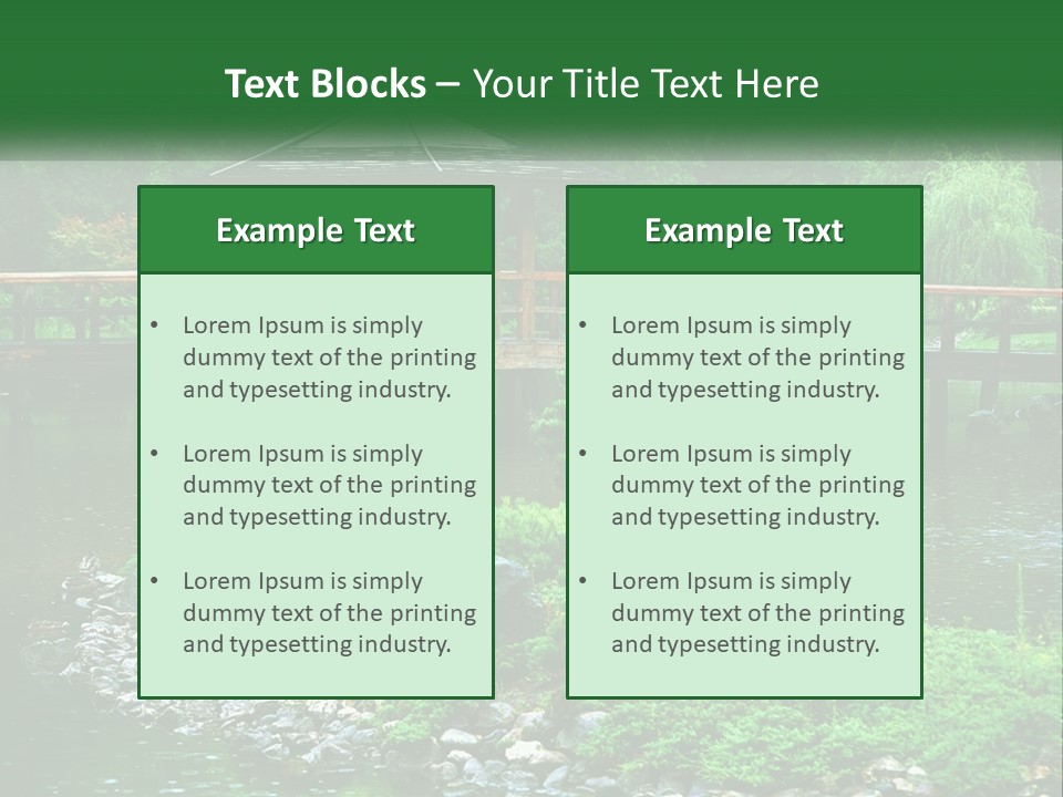 A Wooden Bridge Over A Pond With Rocks And Trees In The Background PowerPoint Template
