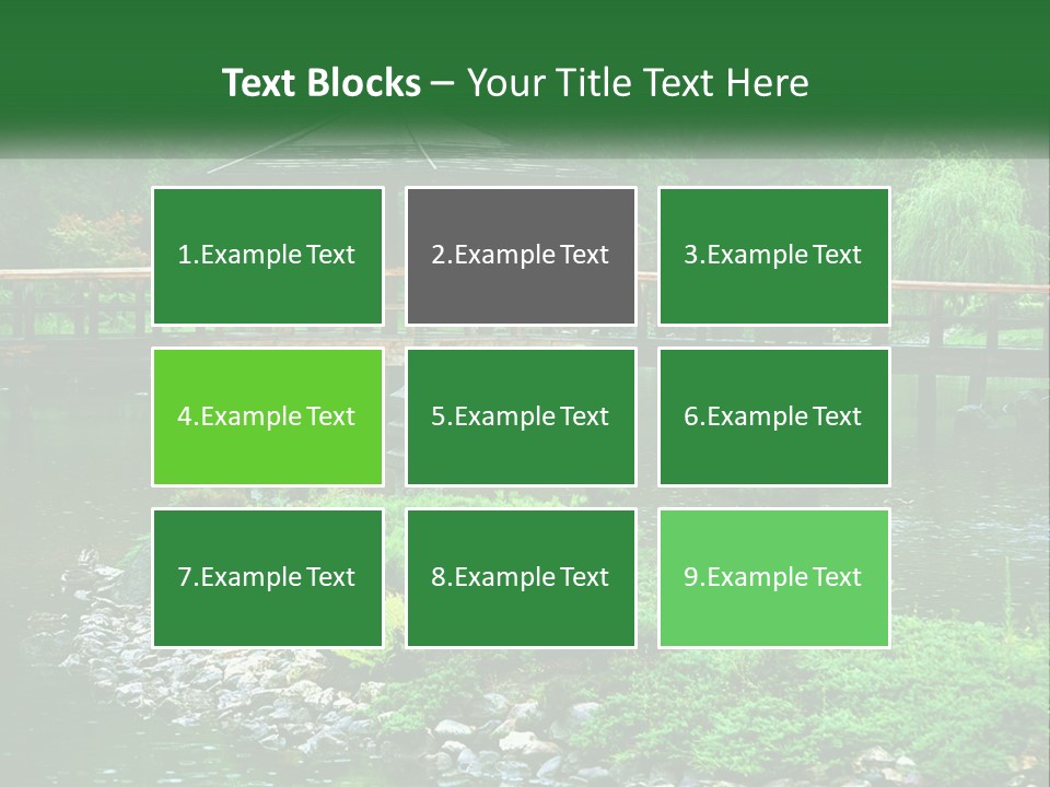 A Wooden Bridge Over A Pond With Rocks And Trees In The Background PowerPoint Template