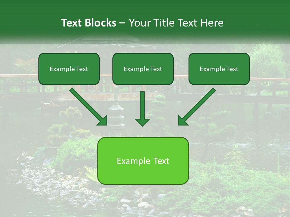 A Wooden Bridge Over A Pond With Rocks And Trees In The Background PowerPoint Template