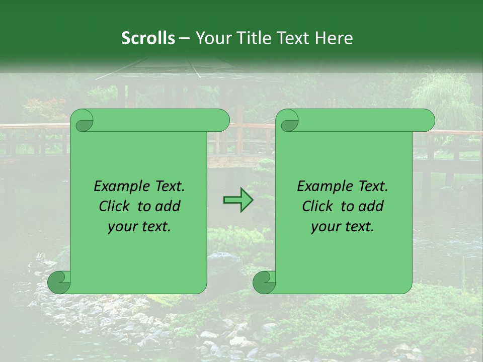 A Wooden Bridge Over A Pond With Rocks And Trees In The Background PowerPoint Template