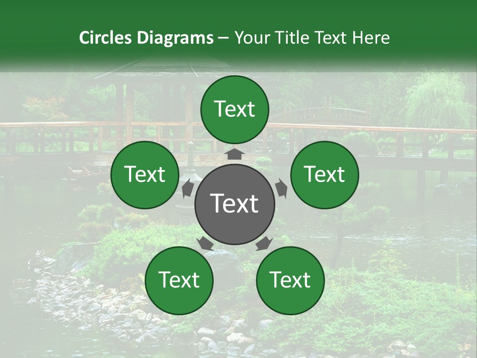 A Wooden Bridge Over A Pond With Rocks And Trees In The Background PowerPoint Template