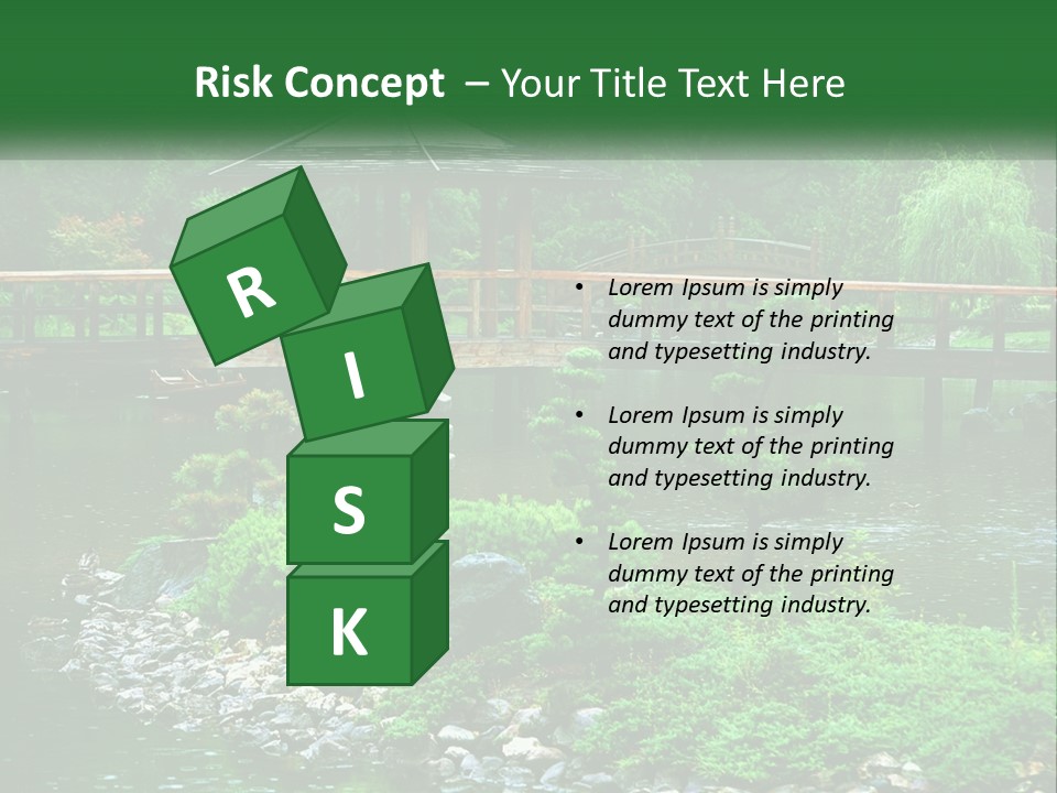 A Wooden Bridge Over A Pond With Rocks And Trees In The Background PowerPoint Template