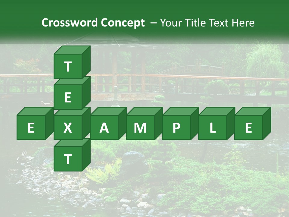 A Wooden Bridge Over A Pond With Rocks And Trees In The Background PowerPoint Template