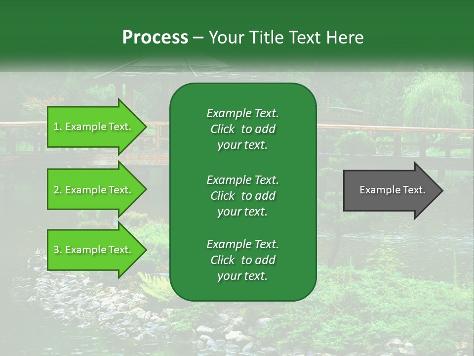 A Wooden Bridge Over A Pond With Rocks And Trees In The Background PowerPoint Template
