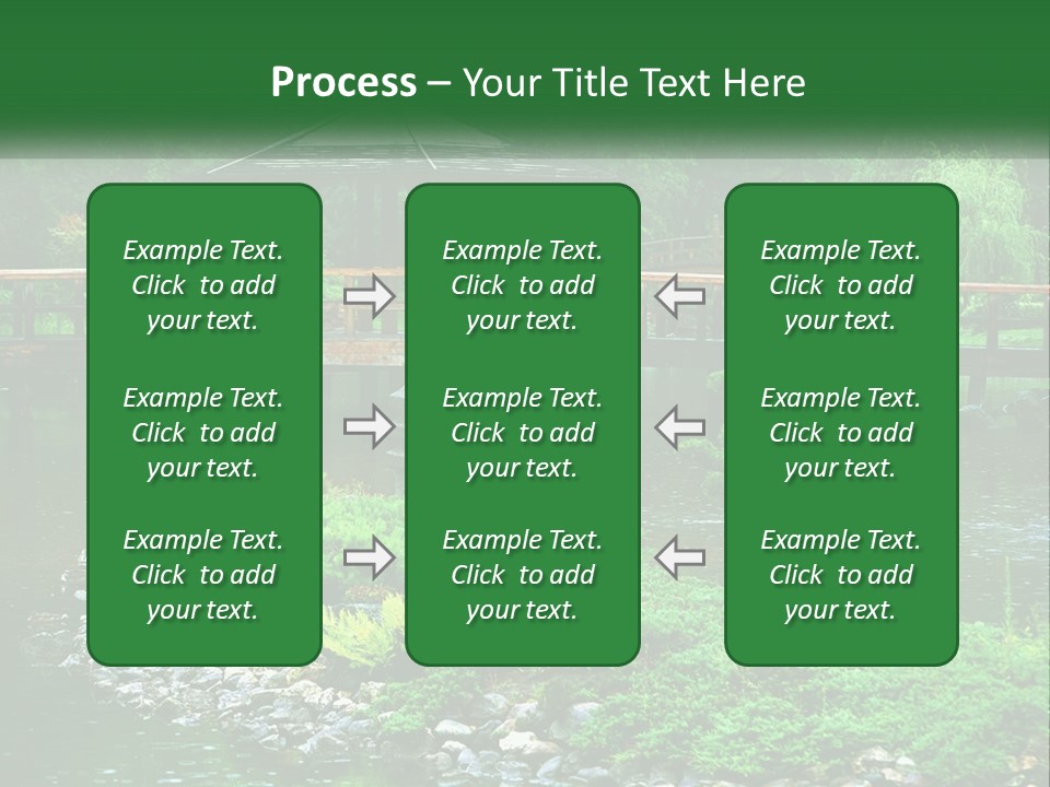 A Wooden Bridge Over A Pond With Rocks And Trees In The Background PowerPoint Template