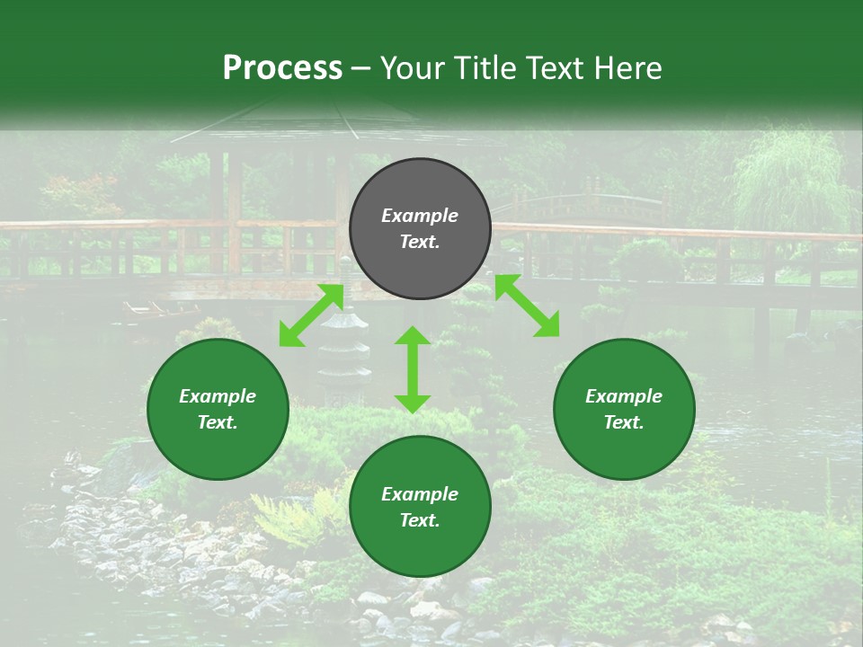 A Wooden Bridge Over A Pond With Rocks And Trees In The Background PowerPoint Template