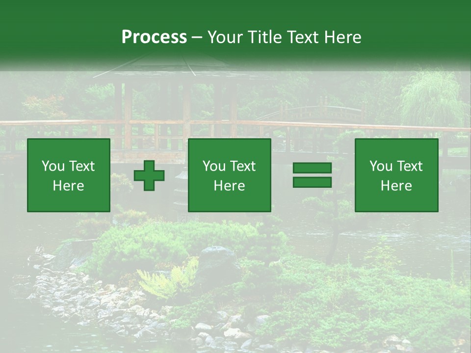 A Wooden Bridge Over A Pond With Rocks And Trees In The Background PowerPoint Template