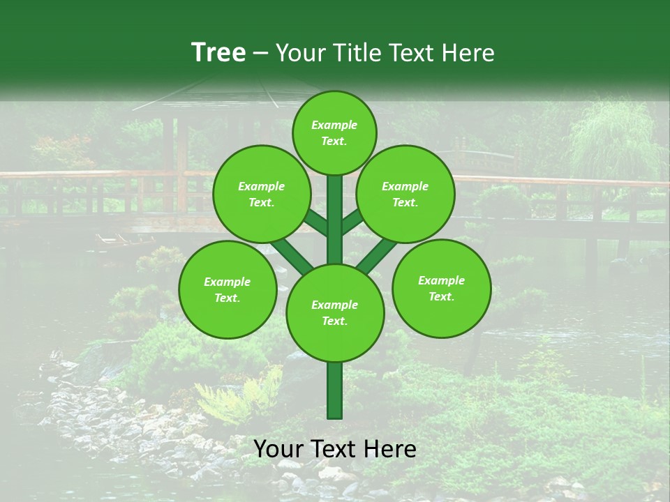 A Wooden Bridge Over A Pond With Rocks And Trees In The Background PowerPoint Template