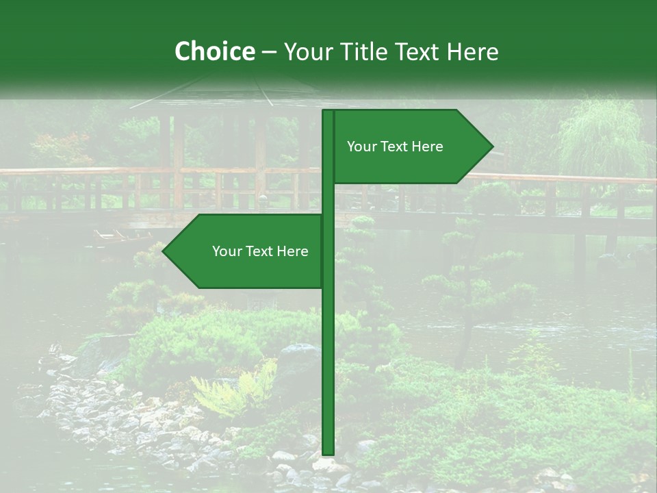 A Wooden Bridge Over A Pond With Rocks And Trees In The Background PowerPoint Template