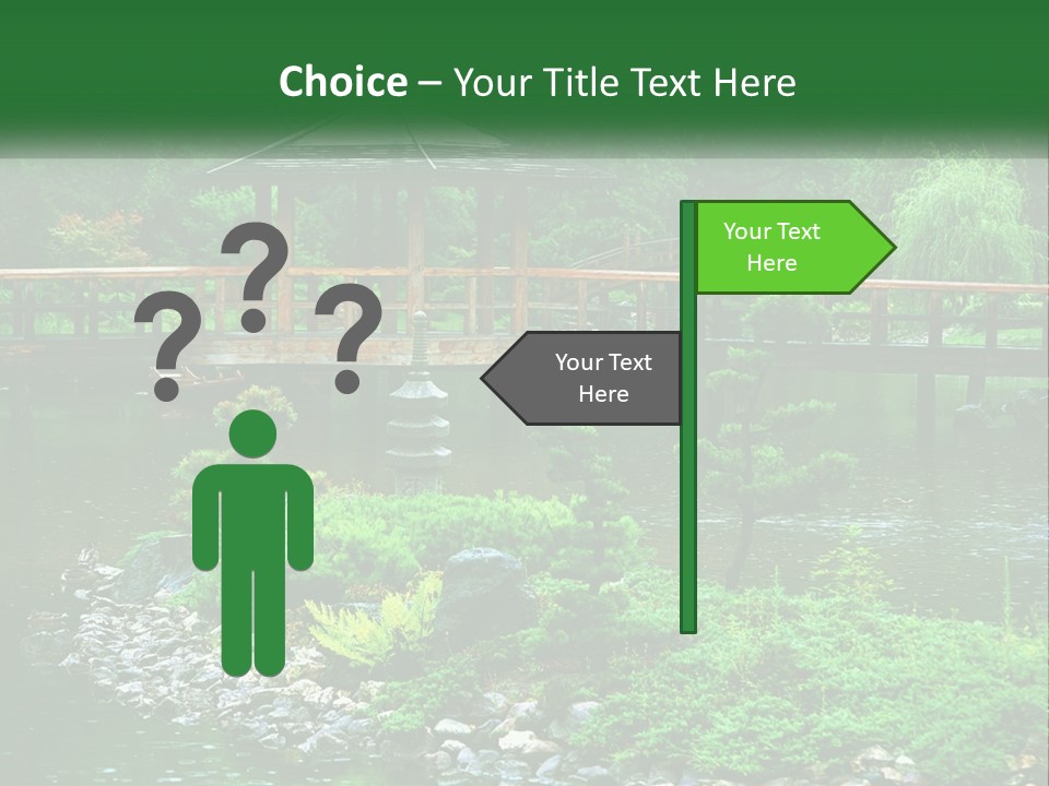 A Wooden Bridge Over A Pond With Rocks And Trees In The Background PowerPoint Template