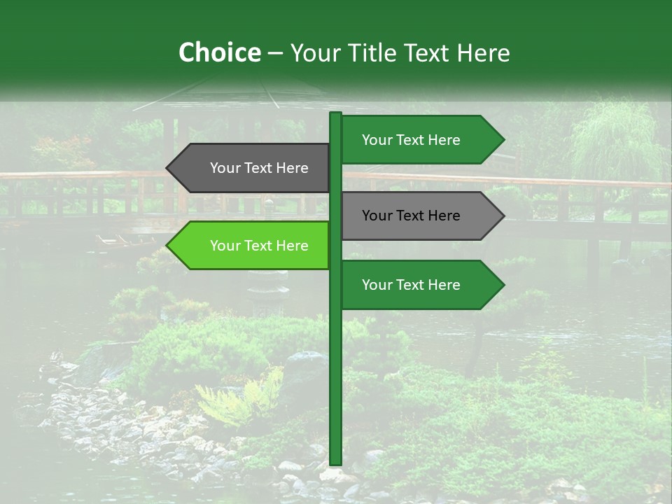 A Wooden Bridge Over A Pond With Rocks And Trees In The Background PowerPoint Template