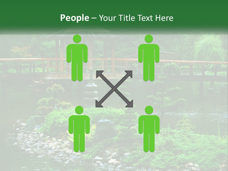 A Wooden Bridge Over A Pond With Rocks And Trees In The Background PowerPoint Template