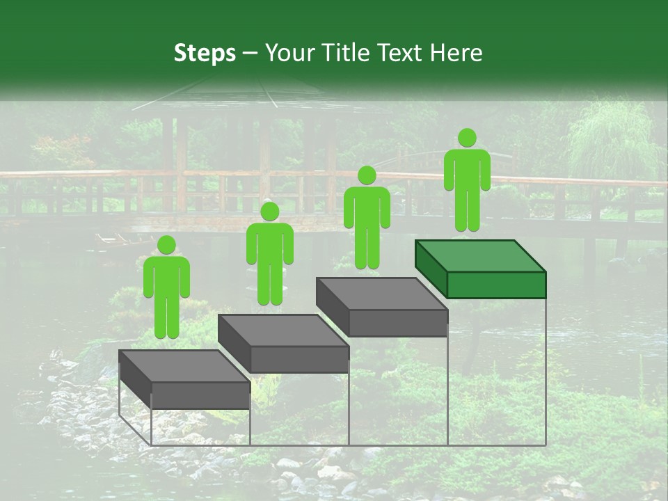 A Wooden Bridge Over A Pond With Rocks And Trees In The Background PowerPoint Template