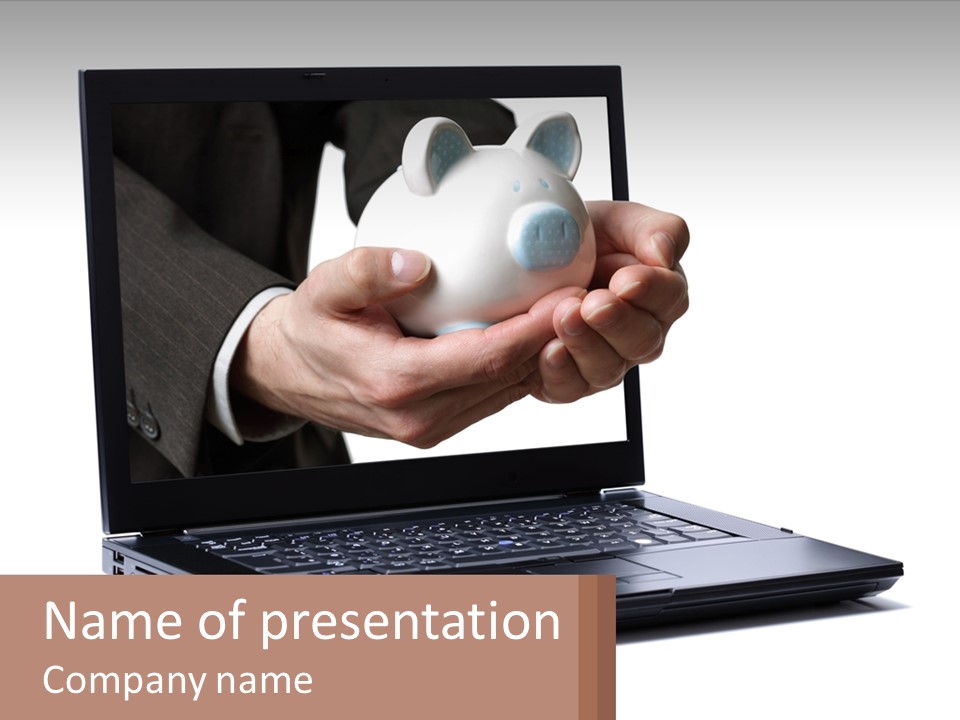 A Person Holding A Piggy Bank In Front Of A Laptop PowerPoint Template