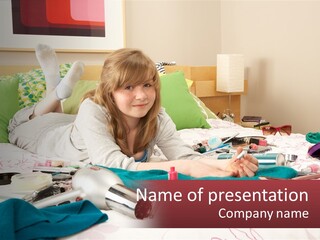 A Girl Laying On A Bed With Lots Of Personal Items PowerPoint Template