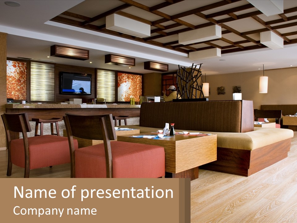 A Restaurant With Wooden Tables And Red Chairs PowerPoint Template