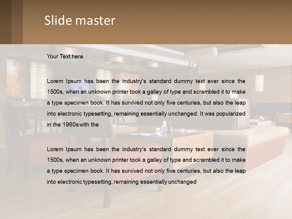 A Restaurant With Wooden Tables And Red Chairs PowerPoint Template