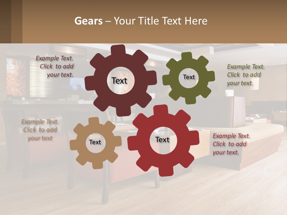 A Restaurant With Wooden Tables And Red Chairs PowerPoint Template