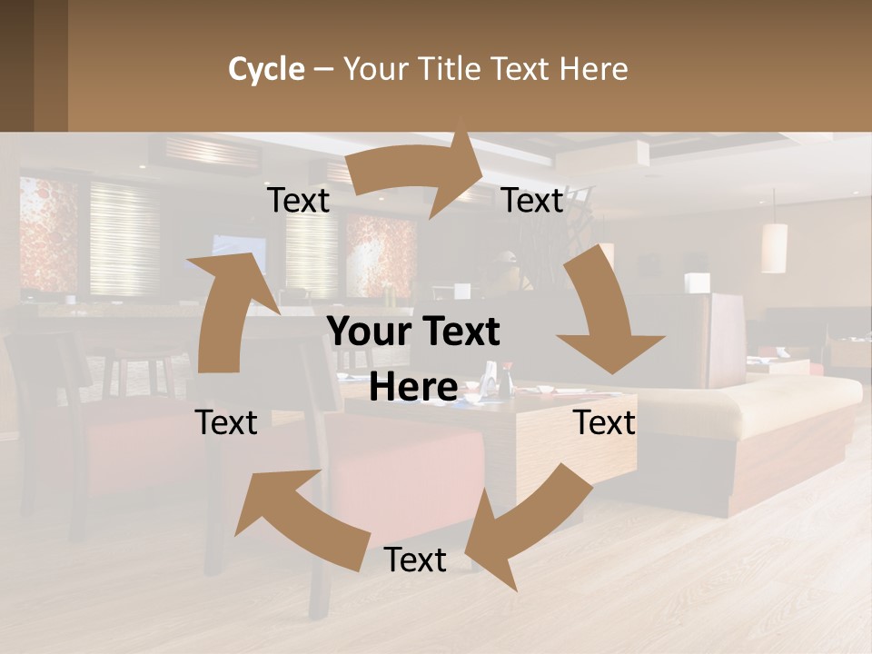 A Restaurant With Wooden Tables And Red Chairs PowerPoint Template