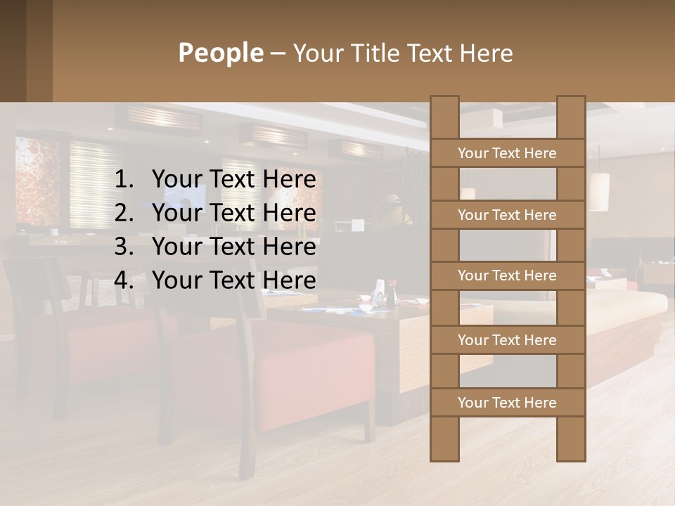 A Restaurant With Wooden Tables And Red Chairs PowerPoint Template