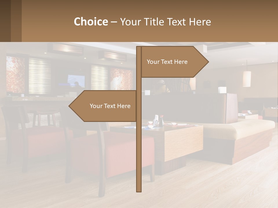 A Restaurant With Wooden Tables And Red Chairs PowerPoint Template