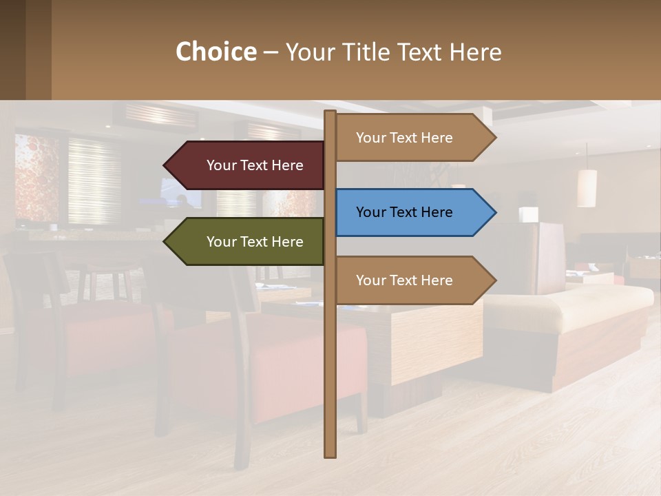 A Restaurant With Wooden Tables And Red Chairs PowerPoint Template