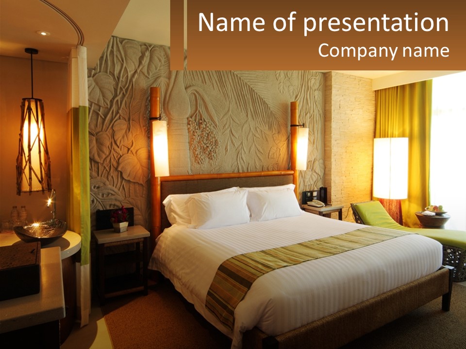 A Hotel Room With A Bed And A Desk PowerPoint Template
